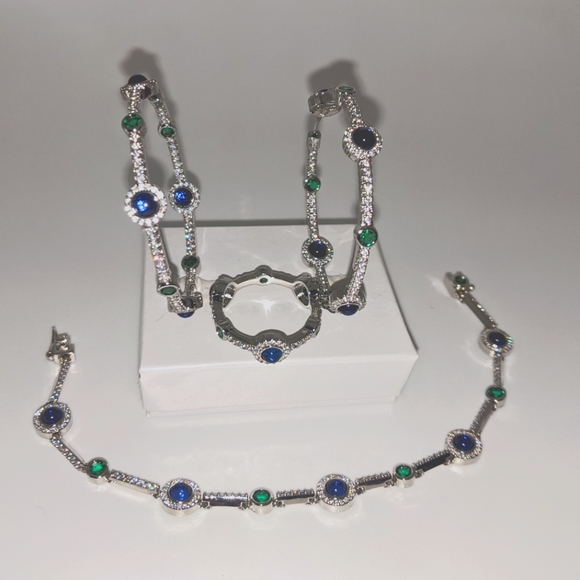 Blue/ Green Gemstone Hoop Earrings, Tennis Bracelet  Ring Matching set S. Silver - Picture 15 of 15